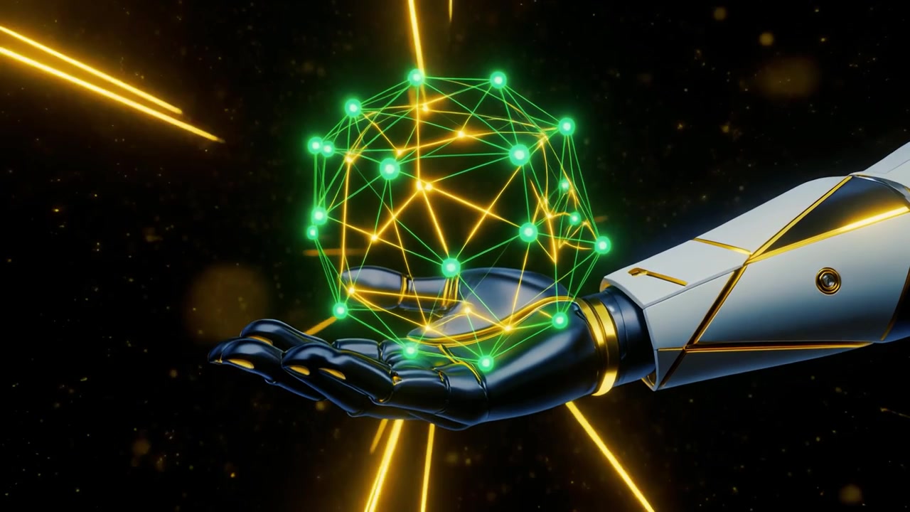 Mano robotica futuristica che tiene una sfera di rete digitale luminosa