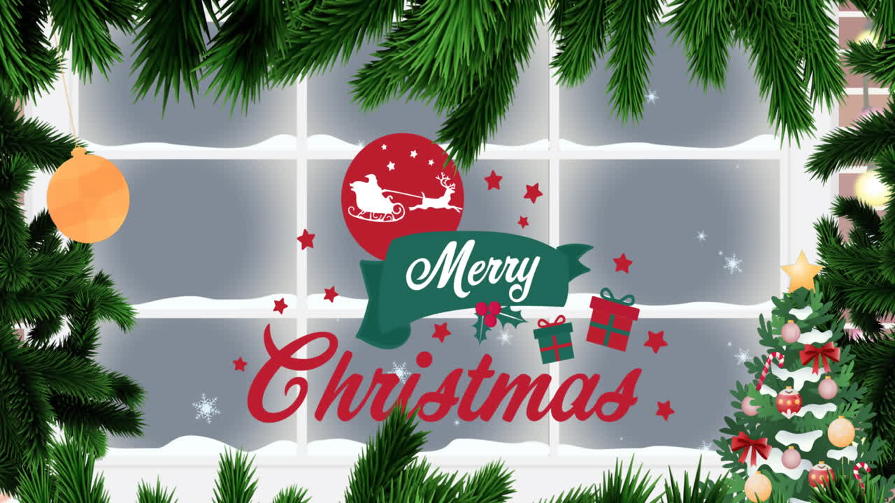 Animation of merry christmas text over fir trees, snow falling and window