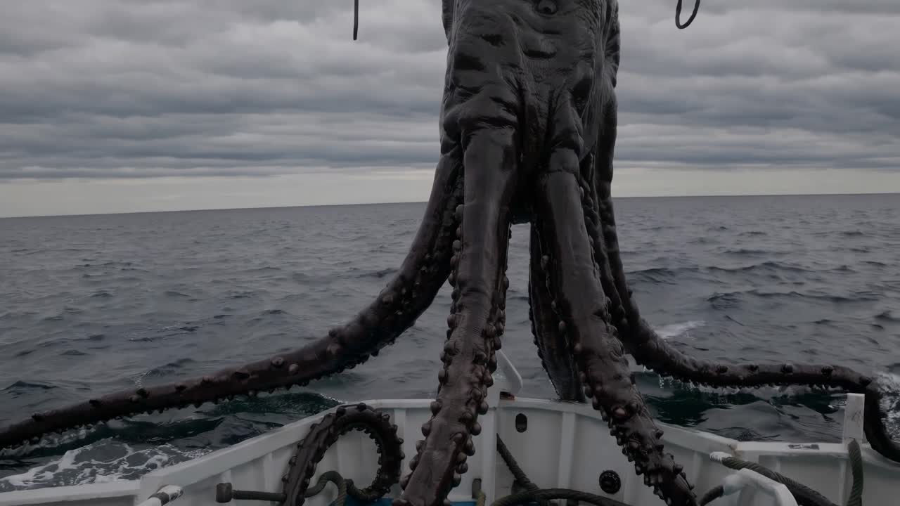Massive tentacles of colossal squid emerging from deep ocean waters, dramatically rising onto fishing vessel with bewildered crew witnessing rare marine wildlife encounter