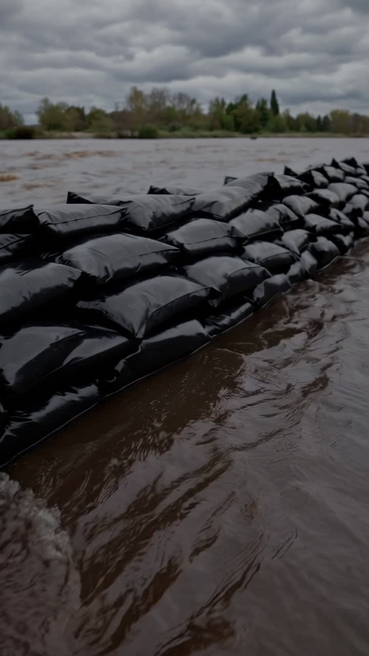 Flood Protection Barrier Along a Swollen, Muddy River