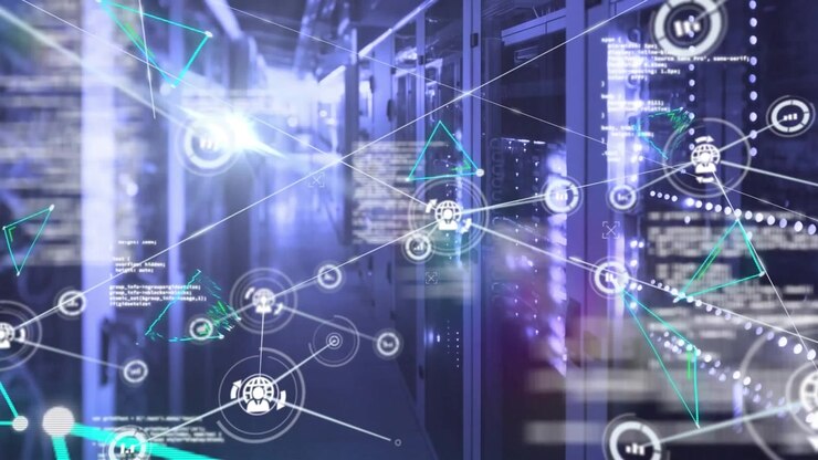 Animation of network of connections with icons and data processing over server room