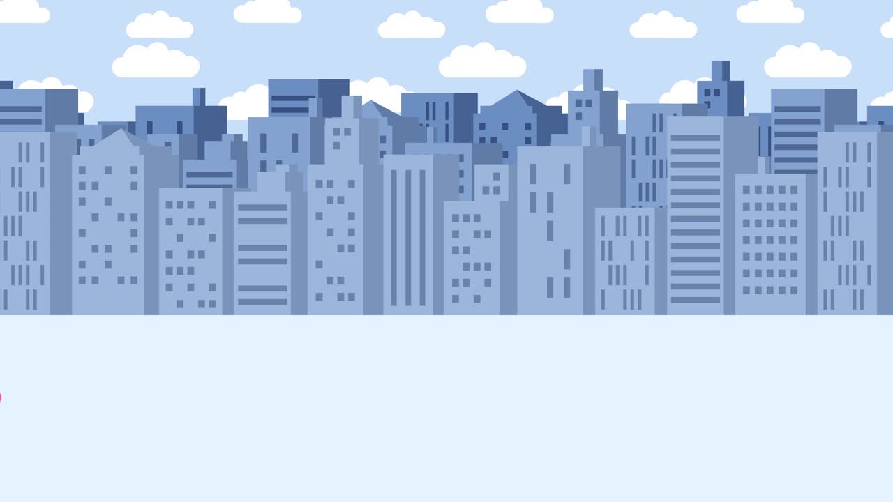 Donna d'affari che salta oltre il buco. Sfondo di edifici. Concetto di rischio. Illustrazione in loop in stile piatto.