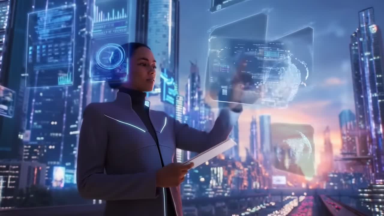 Futuristic video concept with a low-angle view of a woman interacting with holograms