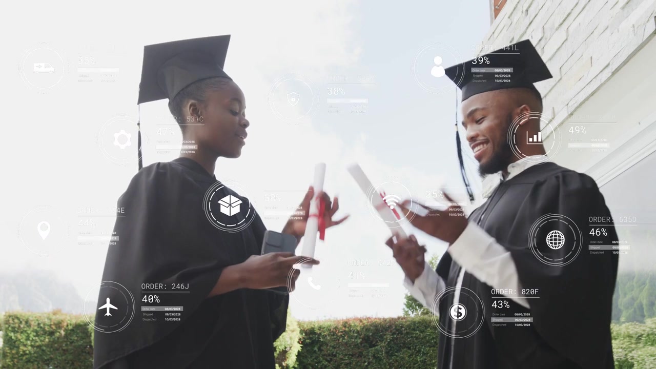 Woman graduate showing phone and exchanging diplomas outdoors, starting HUD overlays for education