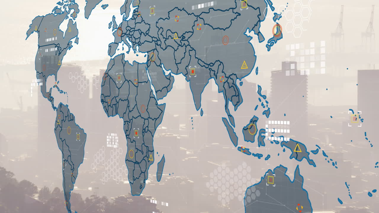 도시 풍경 위의 세계 지도 및 금융 데이터 처리의 애니메이션