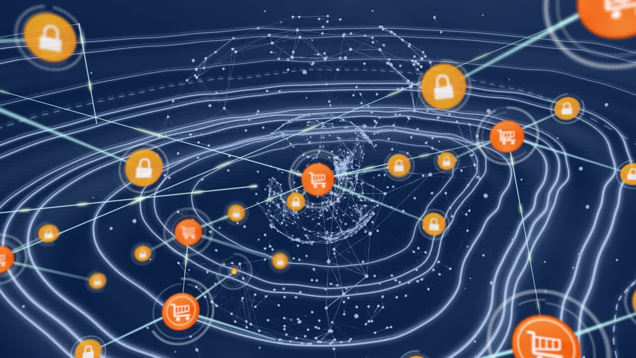 전 세계 온라인 쇼핑 아이콘과의 연결 네트워크의 애니메이션