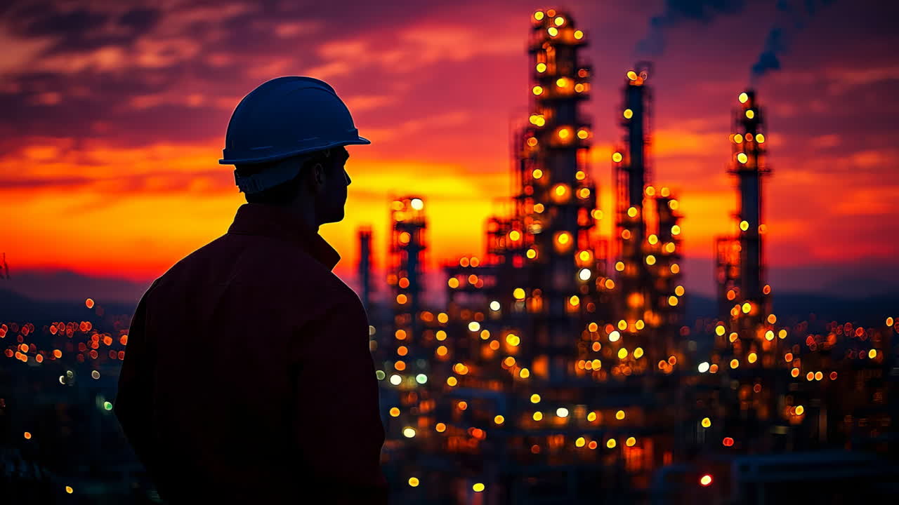 Worker overlooks refinery at sunset. A worker in safety gear watches as the refinery lights glow against a colorful sunset, creating a stunning skyline