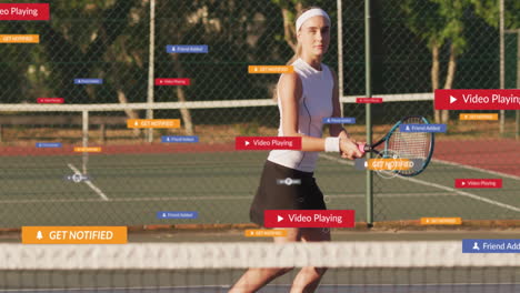 woman playing tennis on green court, displaying animated ui notifications for sports technology