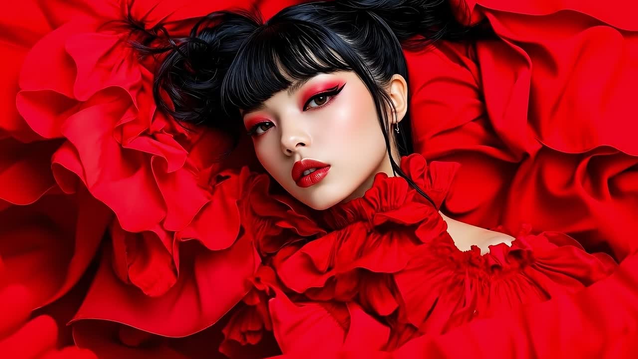 A woman in a red dress laying on a bed of red fabric