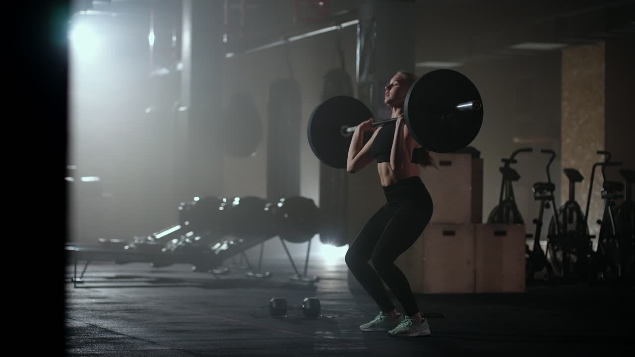 Female bodybuilder doing exercise with weights in gym. a female weightlifter performs a barbell lift in a dark gym. Female Bodybuilder Does Weight Lift Workout Exercises in the Hardcore Training