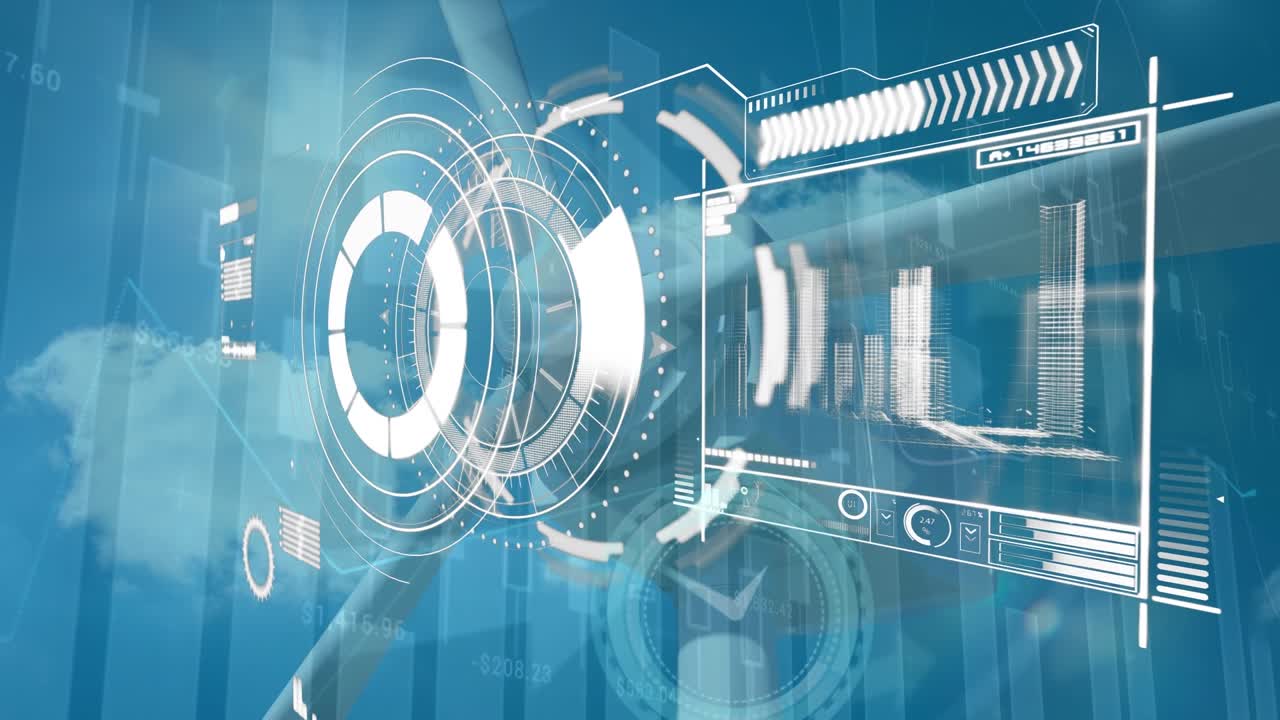 Animation of interface with data processing over spinning windmill against clouds in the blue sky