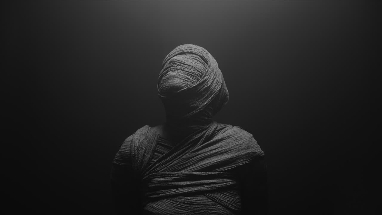 A mummy of a woman on a dark backdrop turns her head