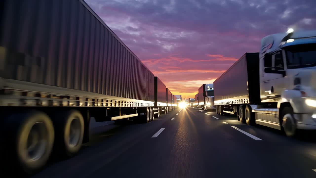 Lastbiler på motorvej ved solnedgang/solopgang