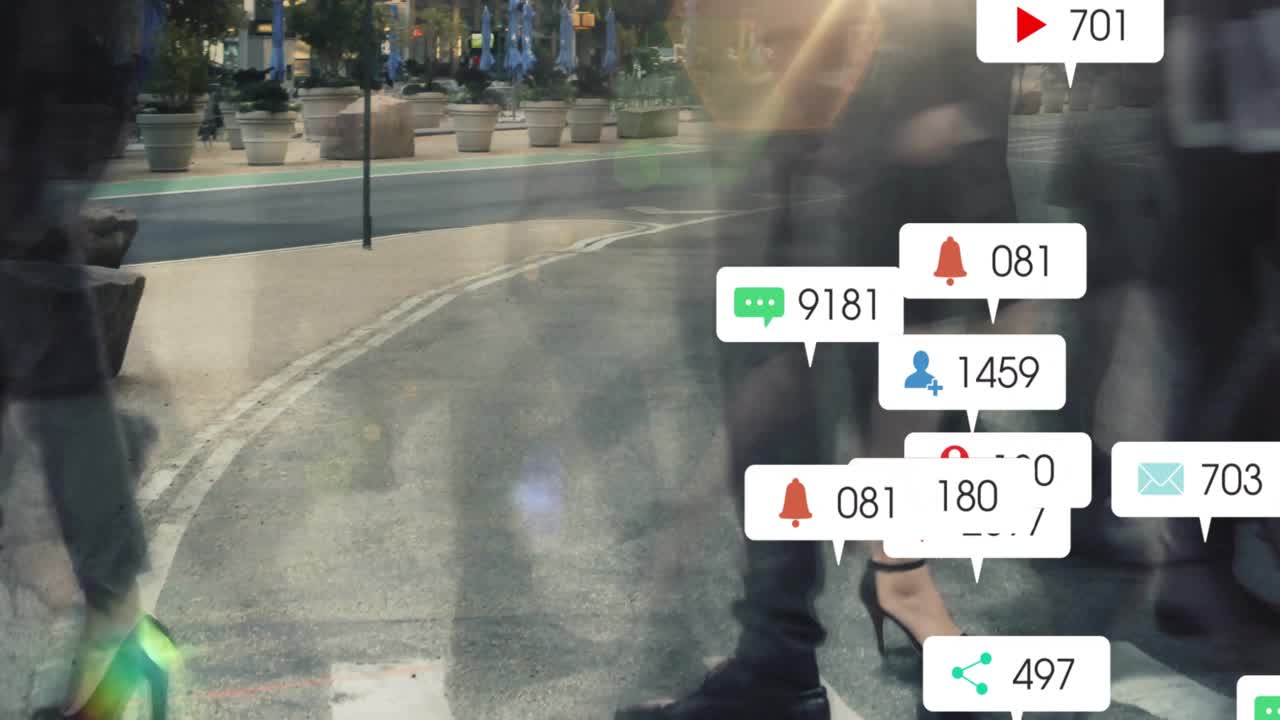 Group crossing crosswalk social bubbles appearing, multiplying, overlaying feet, showing overload