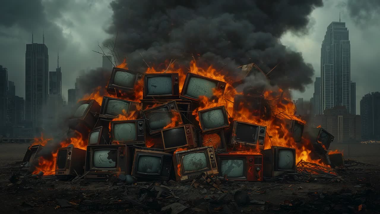 Appearing flames quickly spreading fire across CRT television stack on urban lot, smoke billowing