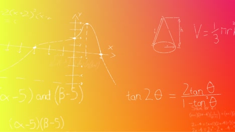Animation-of-hand-written-mathematical-formulae-over-yellow-to-red-background