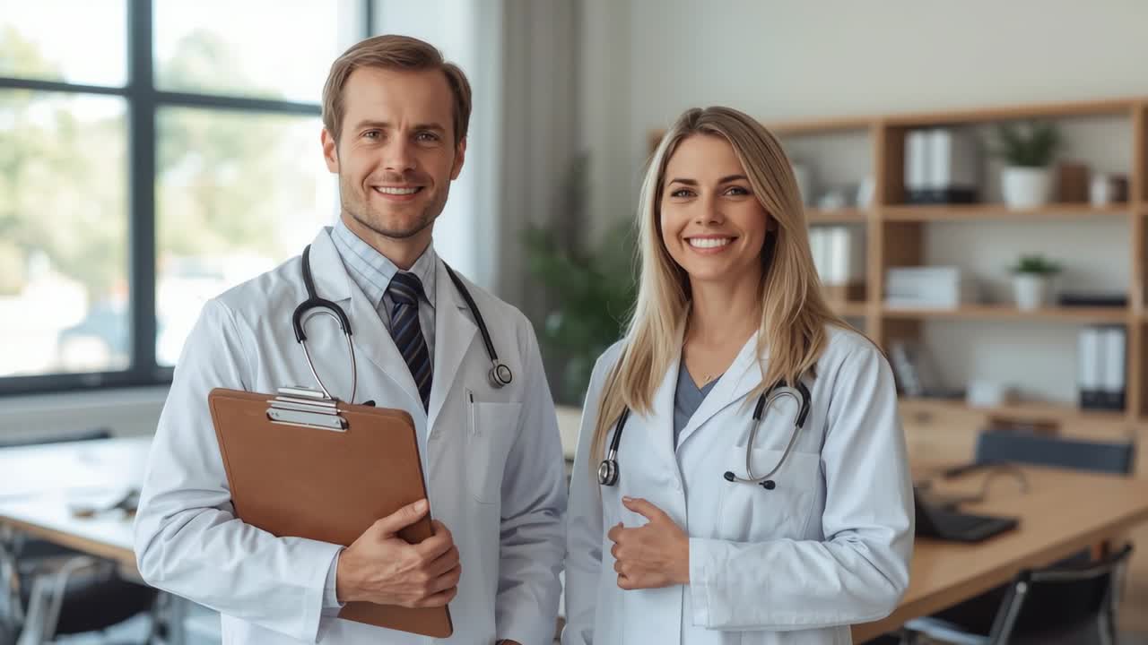Médicos sorrindo em um laboratório vestindo jalecos e posando em uma clínica com prancheta e estetoscópios, demonstrando união