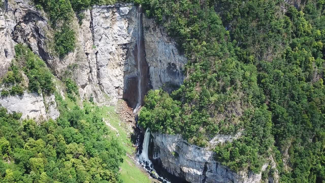 Aerial view of the waterfall The Seerenbach Falls (Seebachfälle), in Amden, Switzerland.