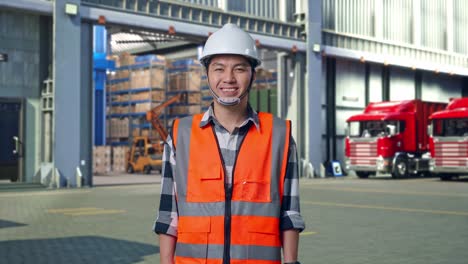 asian male engineer with safety helmet smiling to camera while standing , outside of logistics distributions warehouse