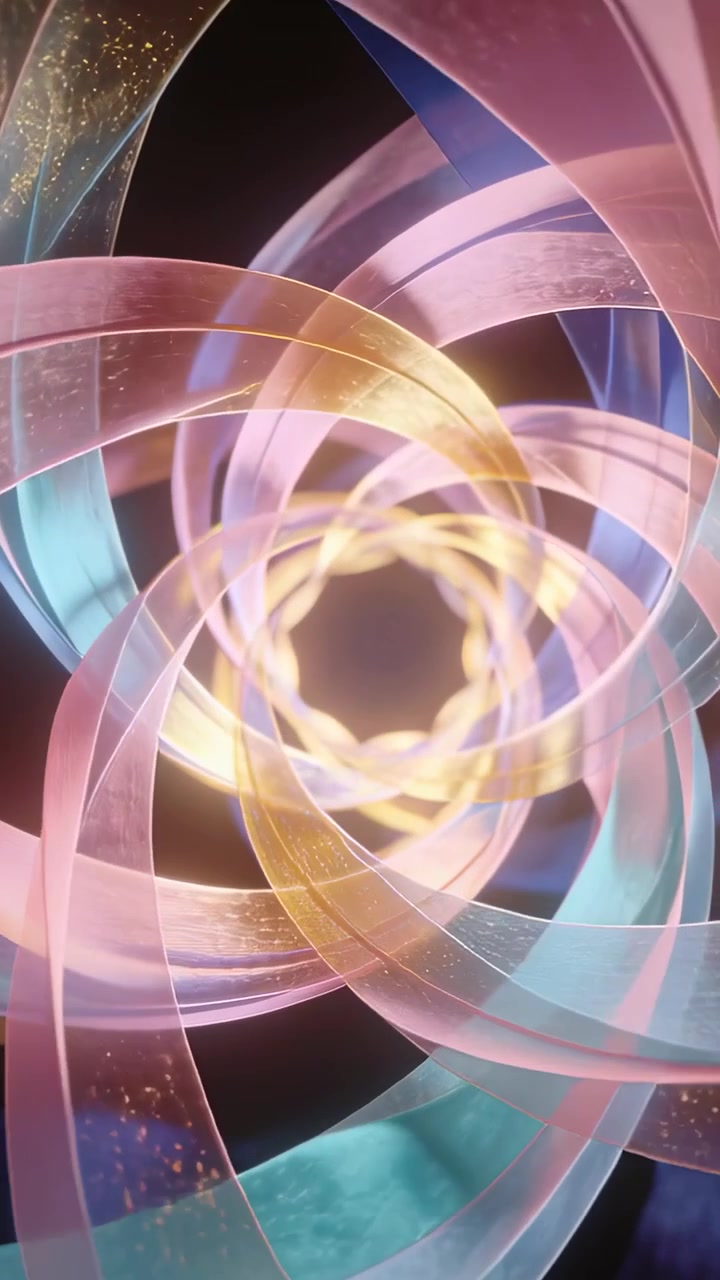 Vertical video: Pulsing braided ring driving ribbons rotating into spiral forming tunnel in void