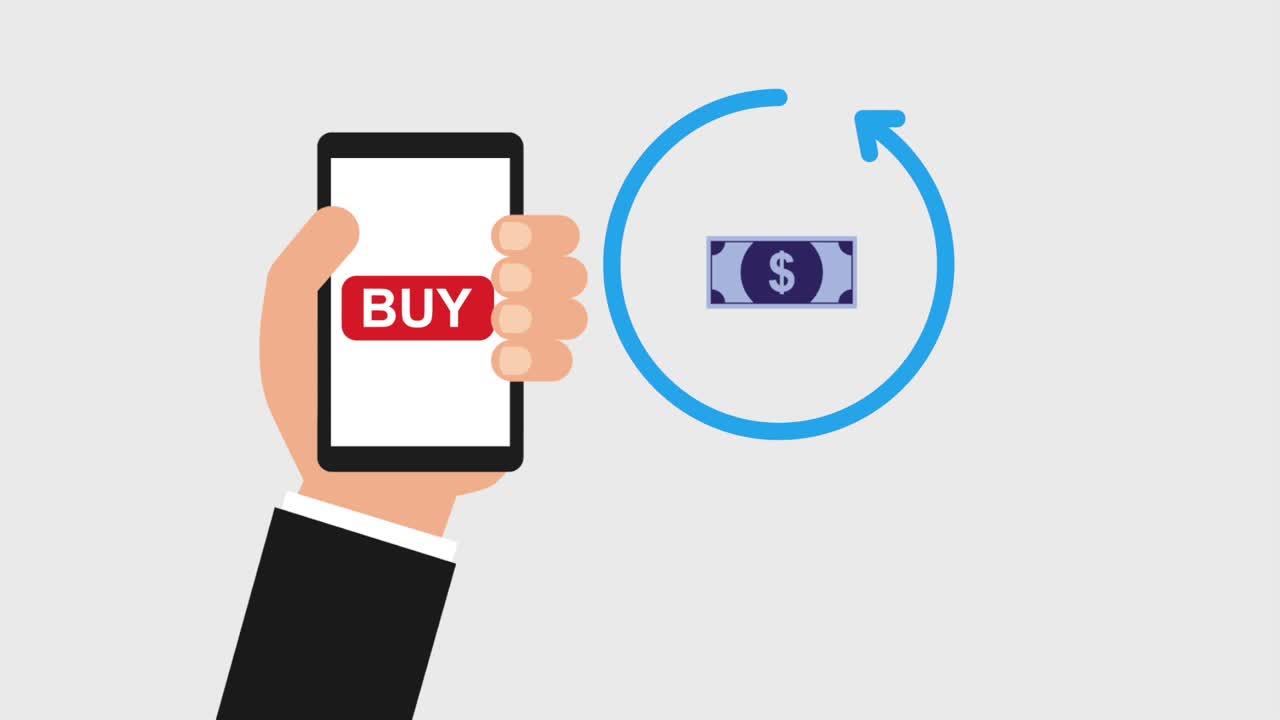 손에 드폰을 들고 온라인으로 돈을 구입합니다.