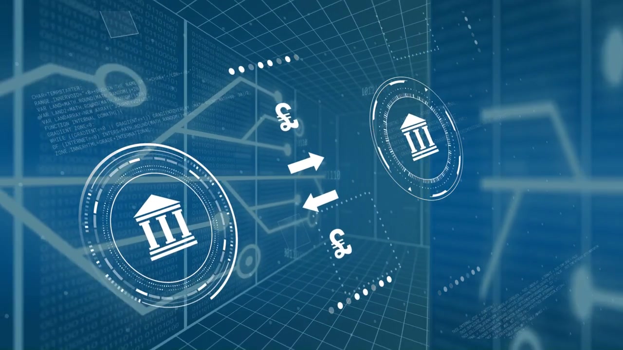 Start frame starting two HUDs rotating, money signs swapping, arrows alternating, showing data flow