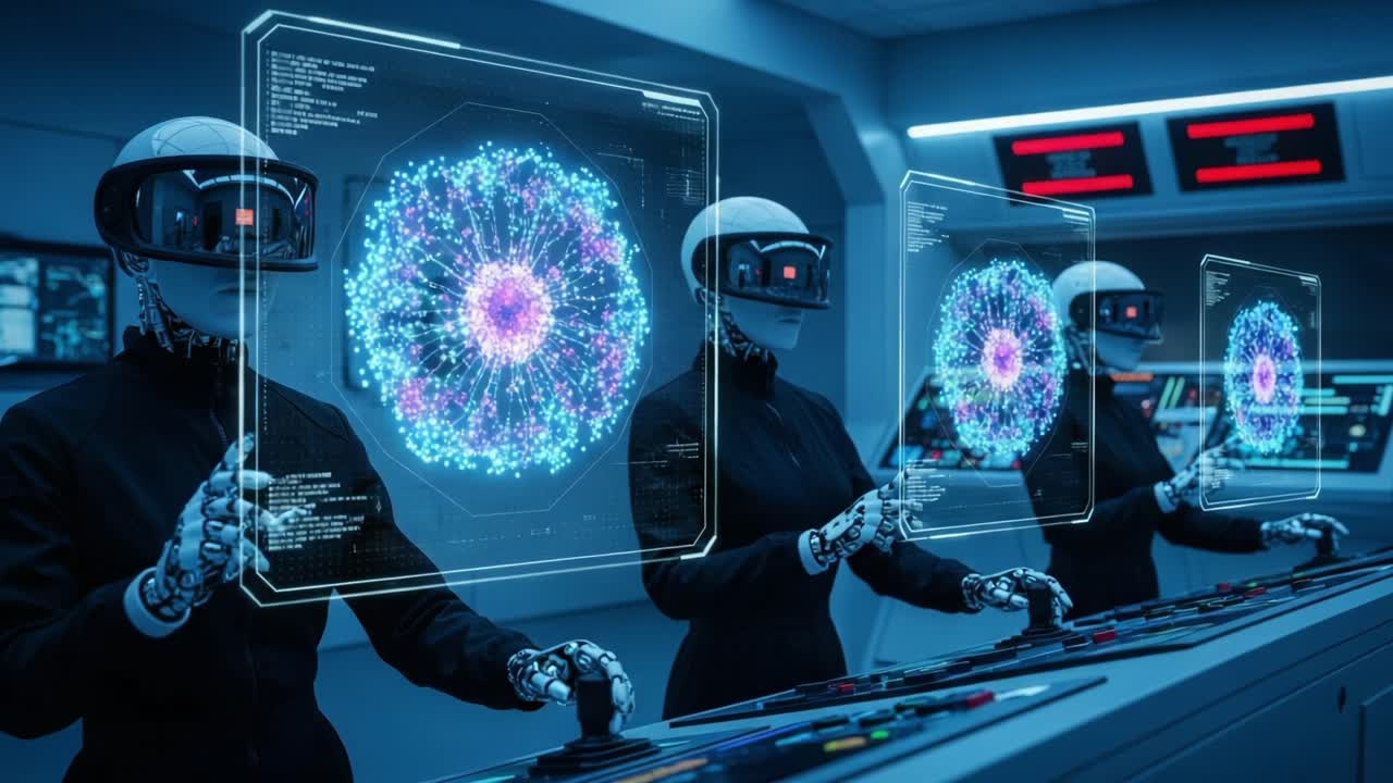 Futuristic Robots in a High-Tech Control Room Analyzing Dynamic Patterns with Augmented Reality Displays and Advanced Data Visualization Techniques