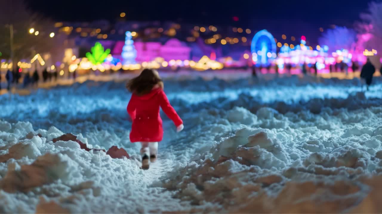 A Child in a Red Coat Joyfully Running Through a Winter Wonderland of Snow, Colorful Lights, and Holiday Decorations at Night Amidst a Magical Festive Atmosphere