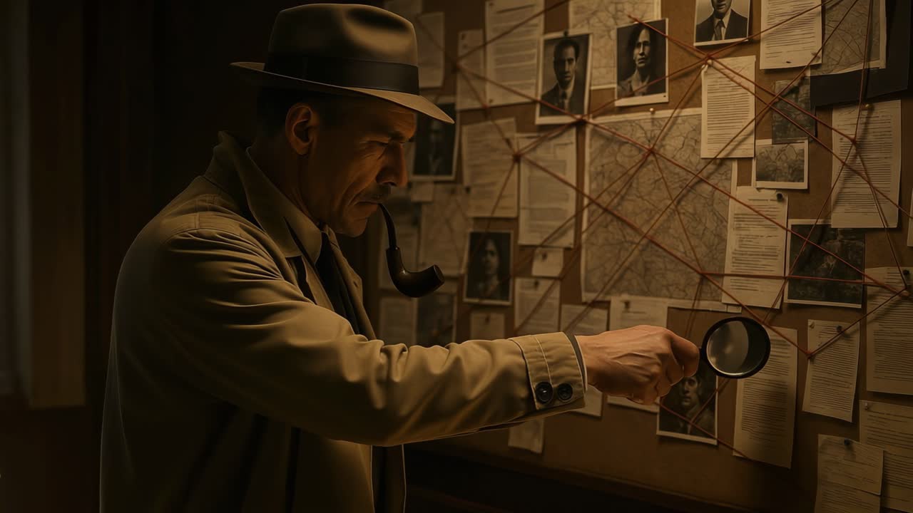 Detective che Analizza Prove su una Bacheca di Sughero con Lente d'Ingrandimento