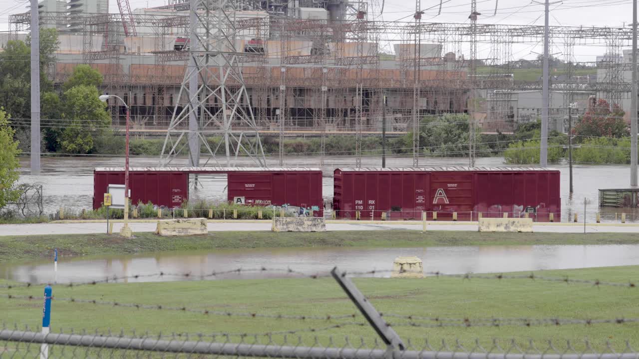 Close up of Hurricane Helene flooding a power plant on The Chattahoochee River in Atlanta, Georgia.