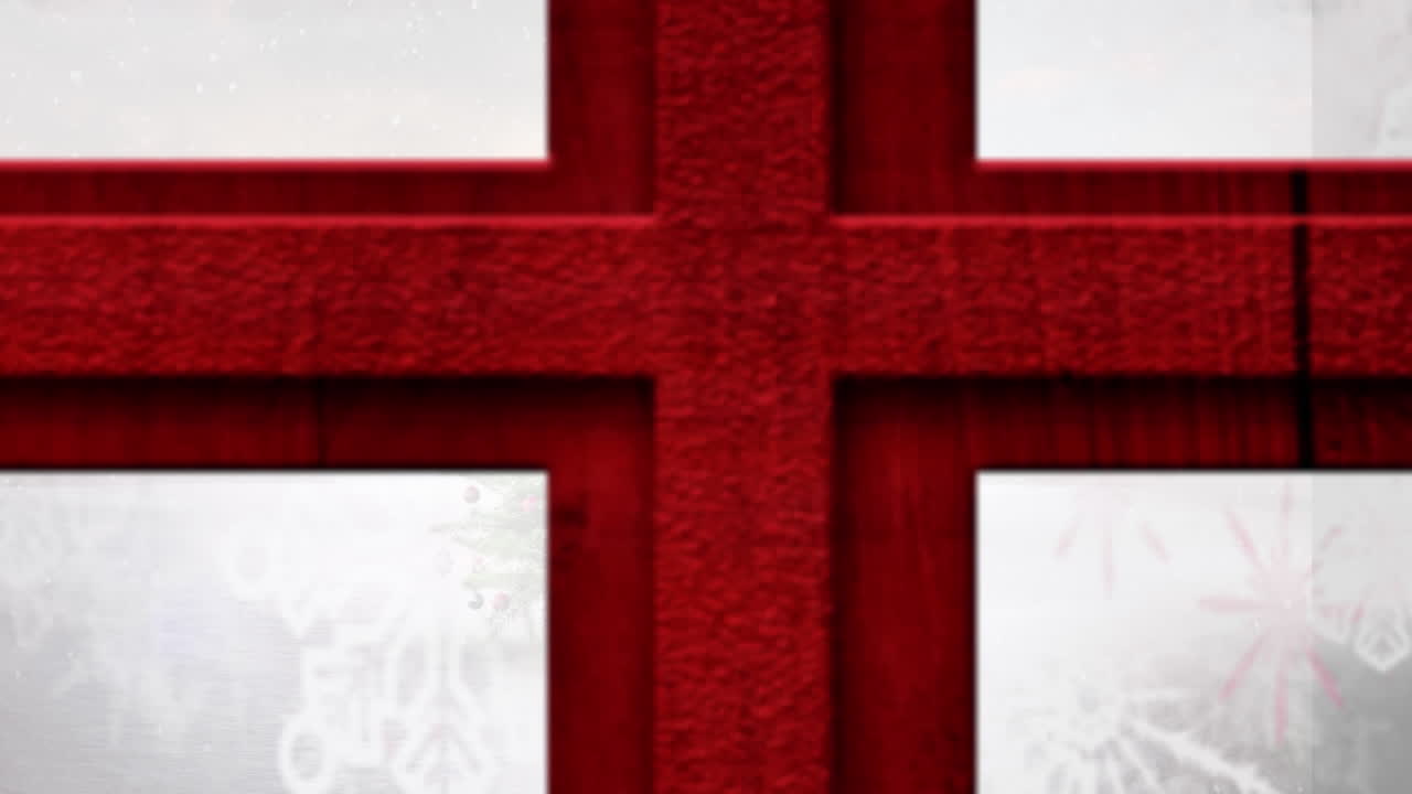 цифровая анимация красного деревянного оконного каркаса на фоне снега, падающего над рождественской елкой на зимней земле