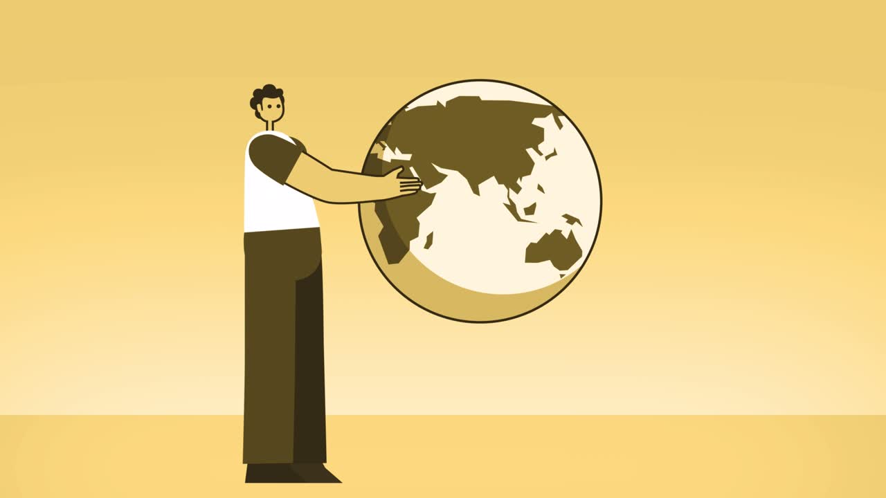 노란색 스타일의 평평한 캐릭터가 지구를 회전시니다. 알파 채널과 함께 고립된 루프 애니메이션