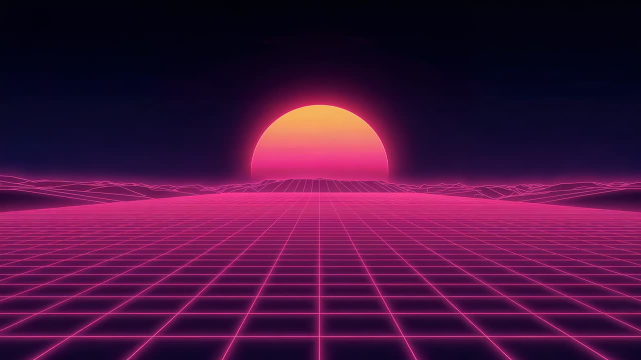 Animazione di un sole splendente che si illumina in una pianura synthwave, alone pulsante, colline con griglia al neon che suggeriscono il movimento