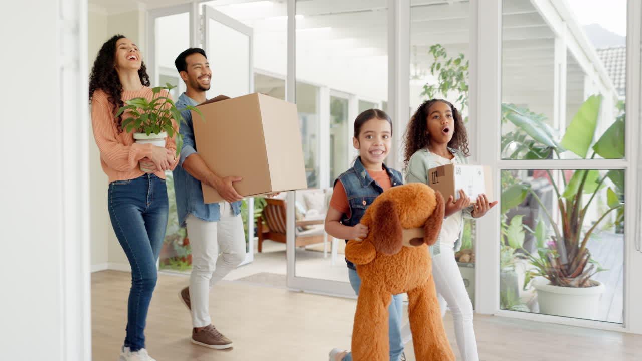 Happy family, box and moving in new home for real
