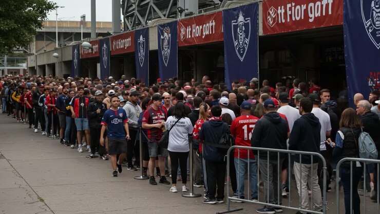 Una grande folla di tifosi in attesa in fila fuori da un impianto sportivo per l'ingresso all'evento, che mostra eccitazione e anticipazione tra i partecipanti.