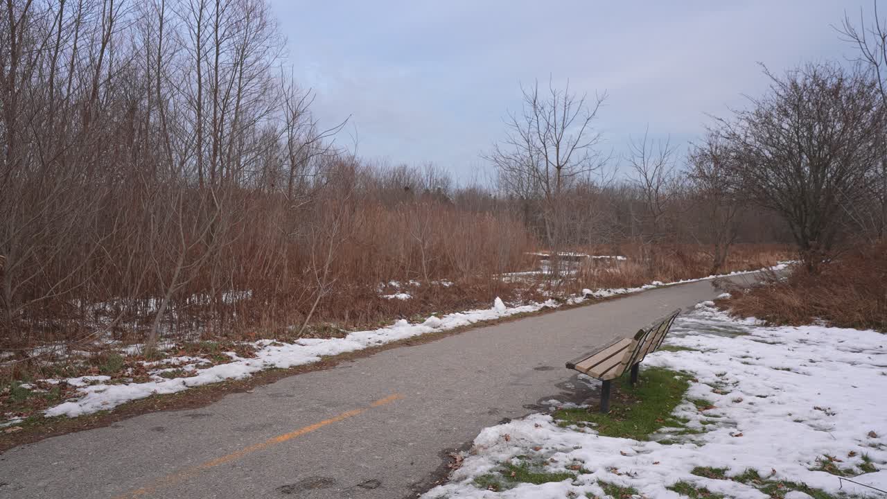Langsom panorering af Bowmanville Vandresti gennem en vinterskov i Bowmanville, Ontario, Canada