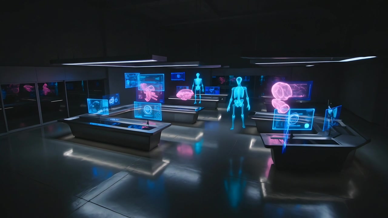 Moving camera revealing tall blue skeletal hologram in future lab, with pink brain screens for demo