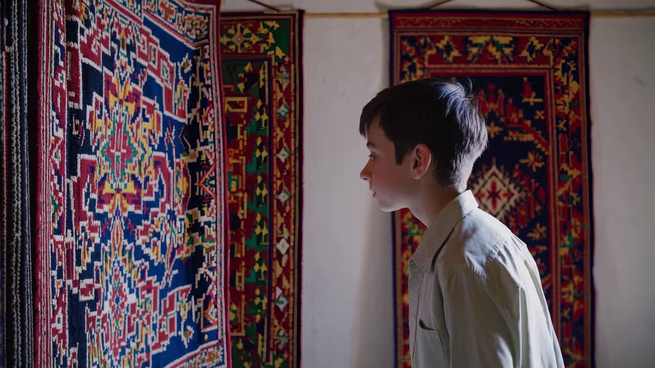Boy looking at traditional carpets