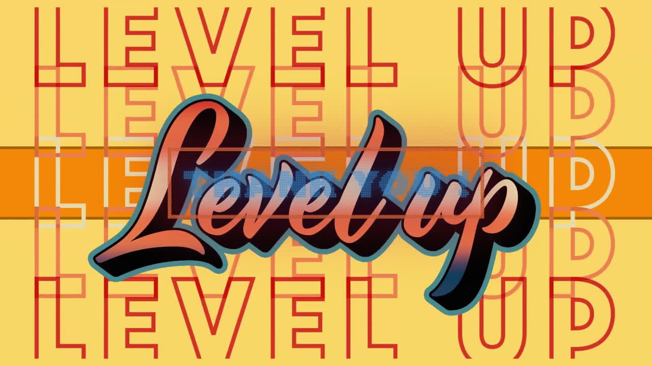 Level up text animation over vibrant yellow and orange background