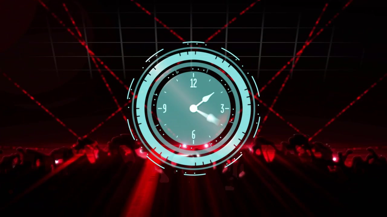 Intro cue launching cyan round HUD counting down, rings rotating, red lasers peaking, phones