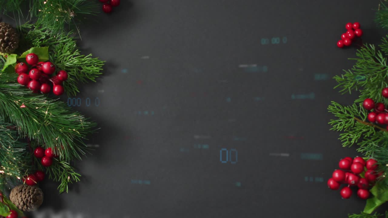 Glitching code flickering, morphing over slate at start, pine sprigs twinkling showing data stream