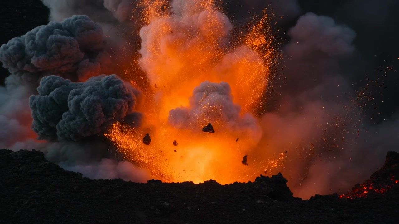 火口縁の噴火口が突然の脈動によって噴火し、溶岩を噴出し、火山砕屑物を放出して灰を形成している。