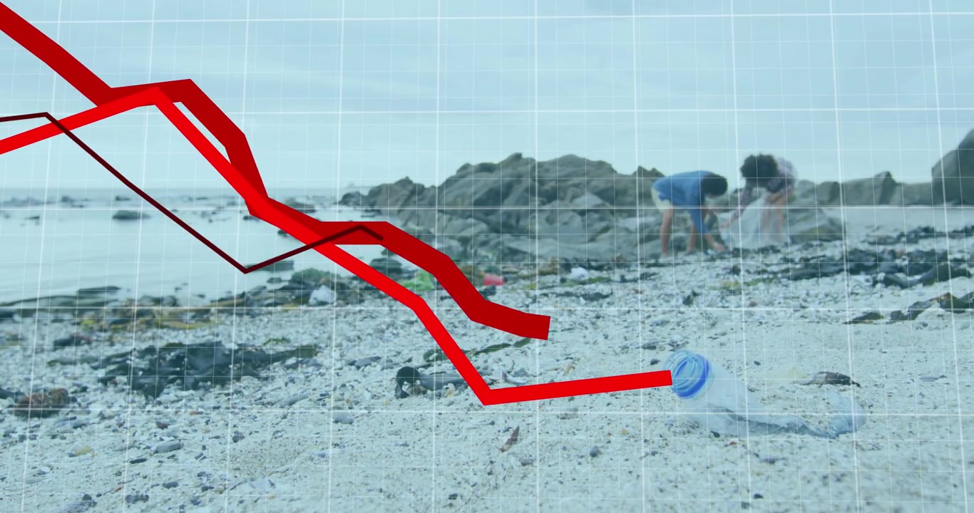 Animation of multiple graphs over african american couple picking up plastic wastes at beach