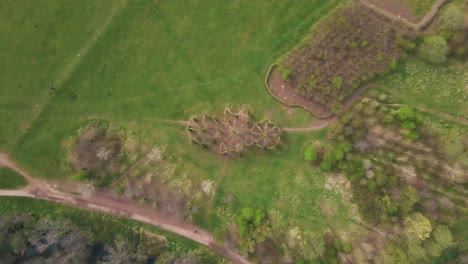 escultura en vivo de la catedral de sauce de 4k hecha de sauces en taunton somerset, drone de 60fps moviéndose hacia abajo sobre la catedral del árbol