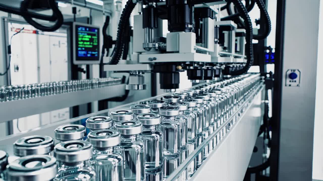 High-angle shot of a modern production line with glass vials, showcasing automation and precision