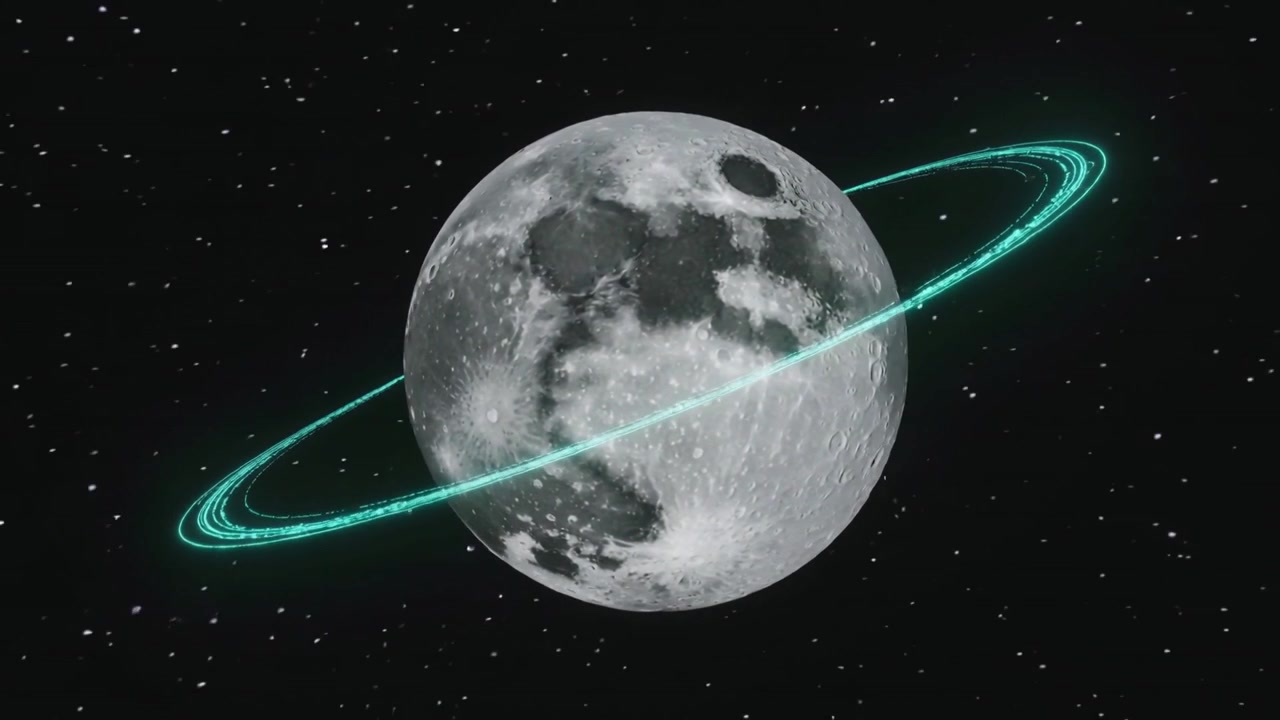Un anello orbitale color verde acqua si estende, iniziando la rotazione, orbitando una sfera lunare craterizzata attraverso un campo stellare.