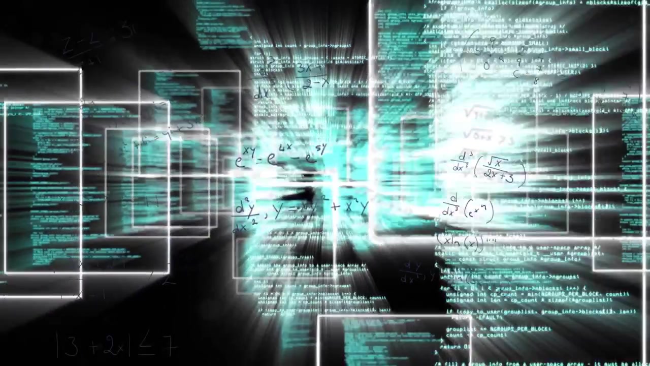 Opening on dark space with code windows streaming turquoise text converging into glowing data core