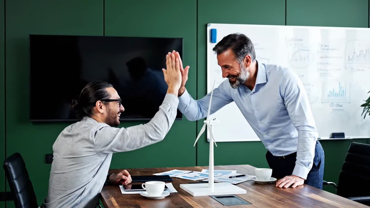 Businessmen discussing wind energy project in meeting
