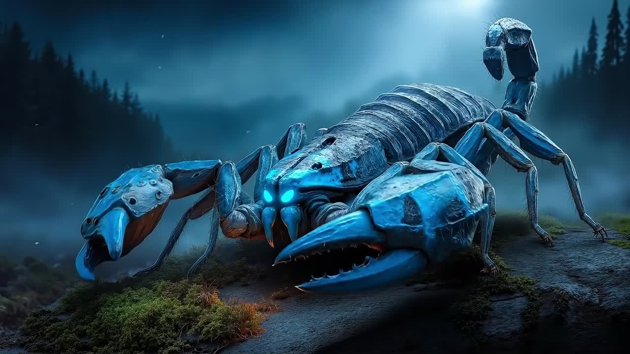 Een blauwe schorpioen die bovenop een steen zit midden in een bos