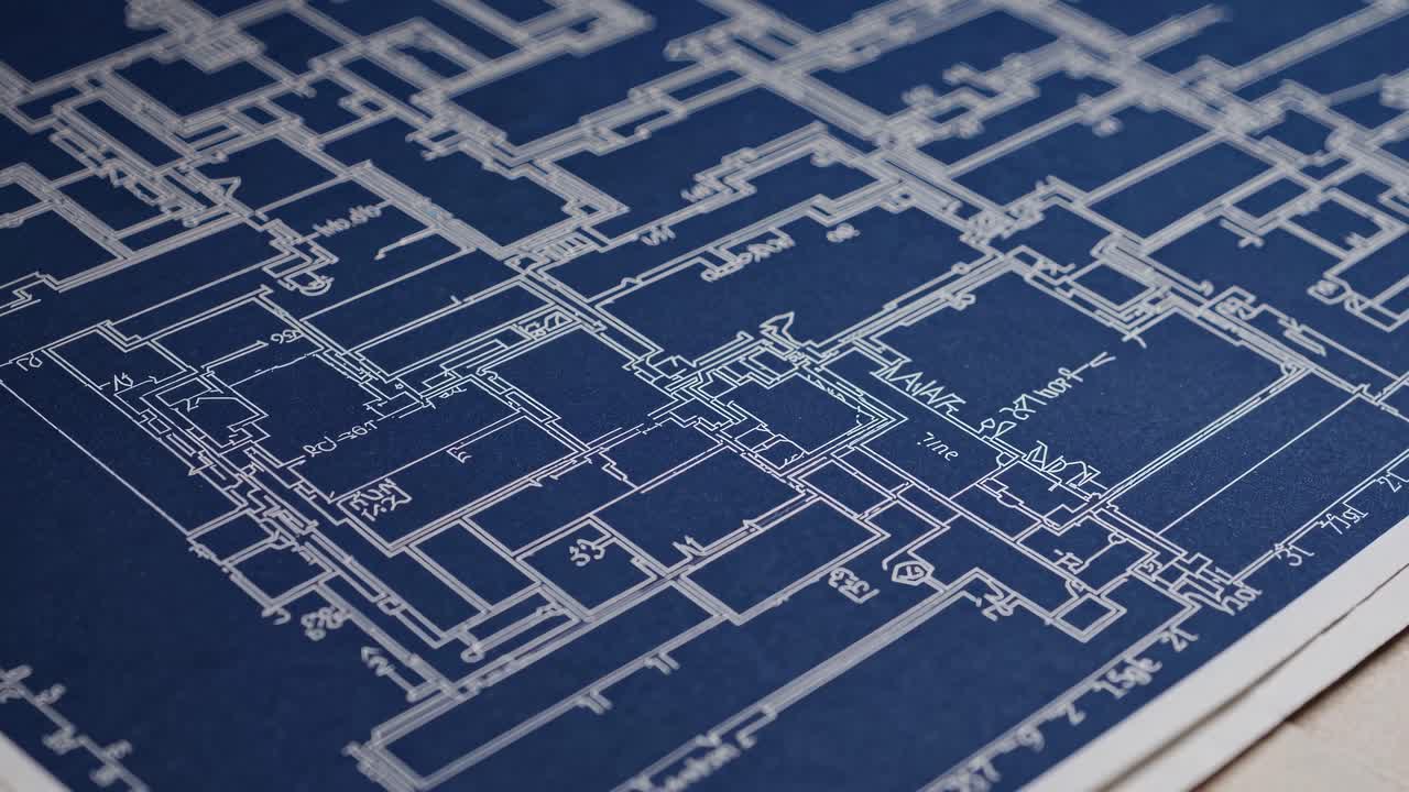 Vista aerea di un progetto architettonico dettagliato su sfondo blu, che mostra un design complesso